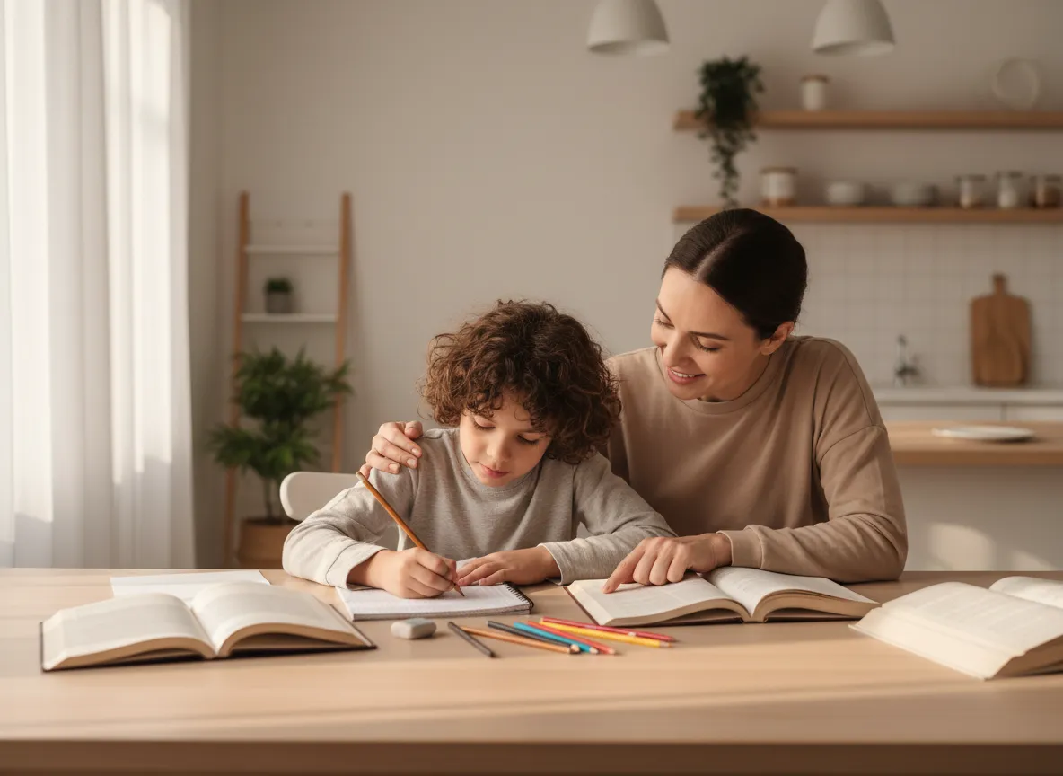 Older child doing homework with parent support